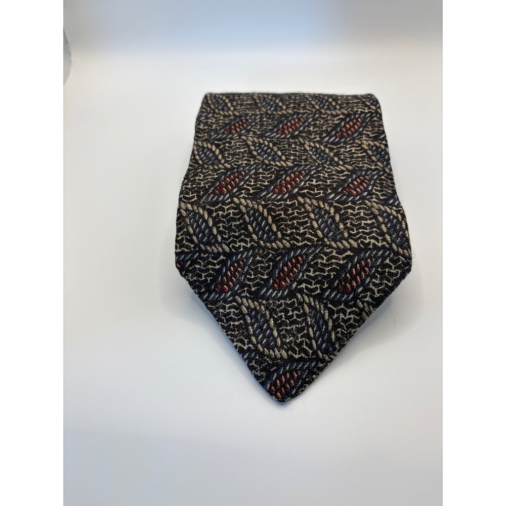 Bugatti Mens Silk Necktie Blue Tan Red Abstract Textured Woven Classic Tie
